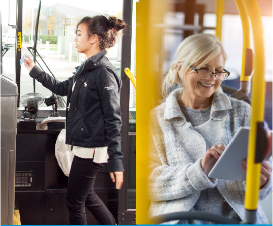 Transit riders performing different activities, one presents an ID card to a bus driver and another enjoys her tablet while sitting.